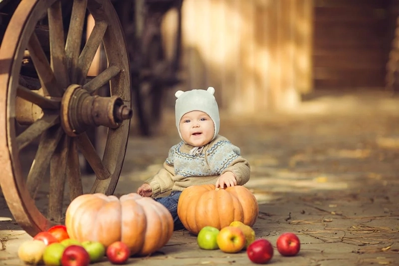 نوزاد 6 ماهه در کنار کدو تنبل و سیب ها روی زمین